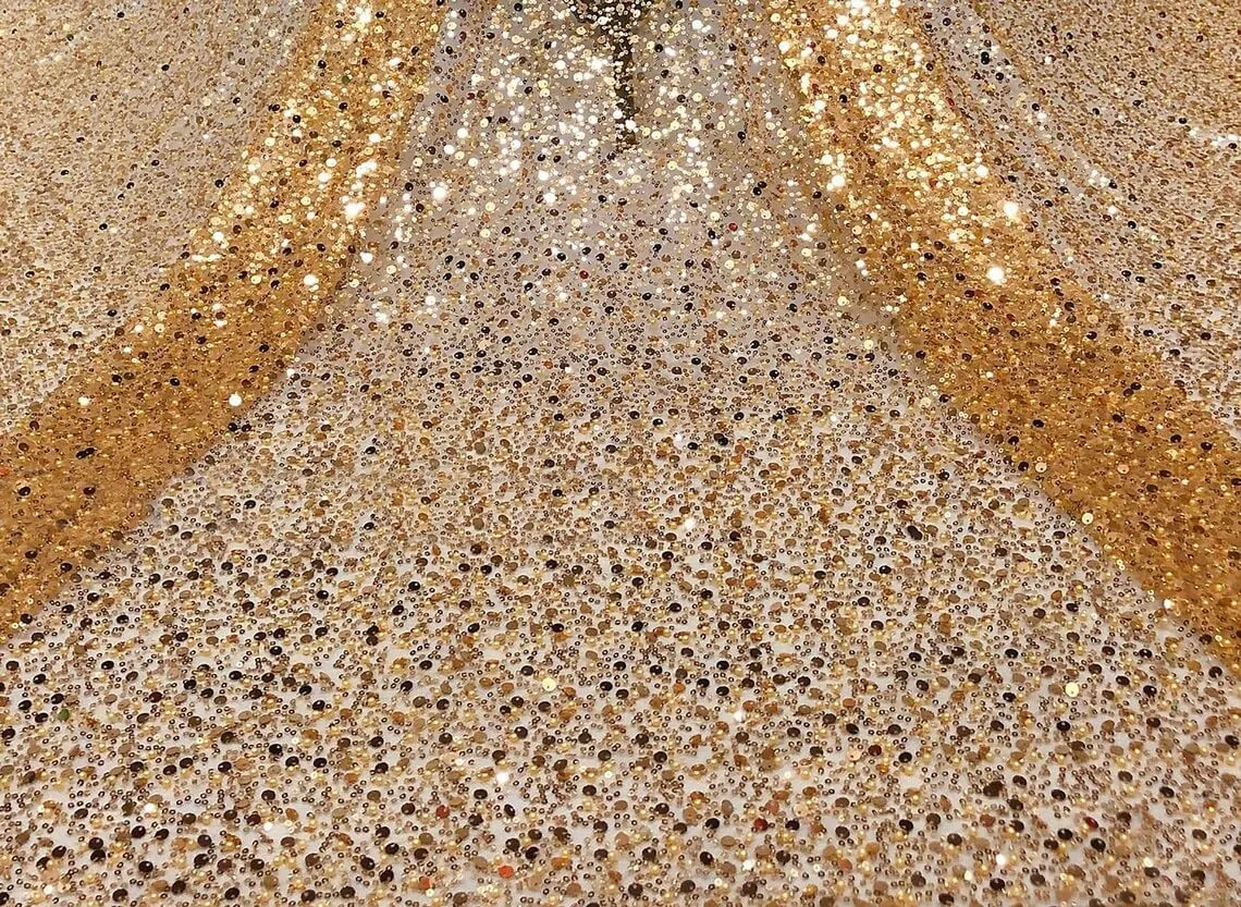 51" Wide Exquisite Heavily Pearl Soft Tulle Mesh Wedding Lace Fabric Embroidered French Sequined Bead Lace Fabrics for Handmade DIY Wedding Evening Dress Bridal Veil (Golden, 3 Yard pre Cut)