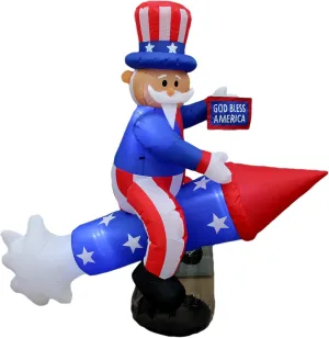 6 Foot Long Patriotic Independence Day 4th of July Inflatable Uncle Sam on Rocket Pre-Lit LED Lights Outdoor Indoor Lawn Yard Holiday Decoration Blow up Home Garden Decor