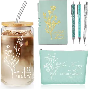 6 Pcs Christian Gift for Women Faith Be Still and Know 16 oz Tumbler Aesthetic Cup A6 Leather Religious Journal Ballpoint Pen Makeup Bag for Sunday School Godmother