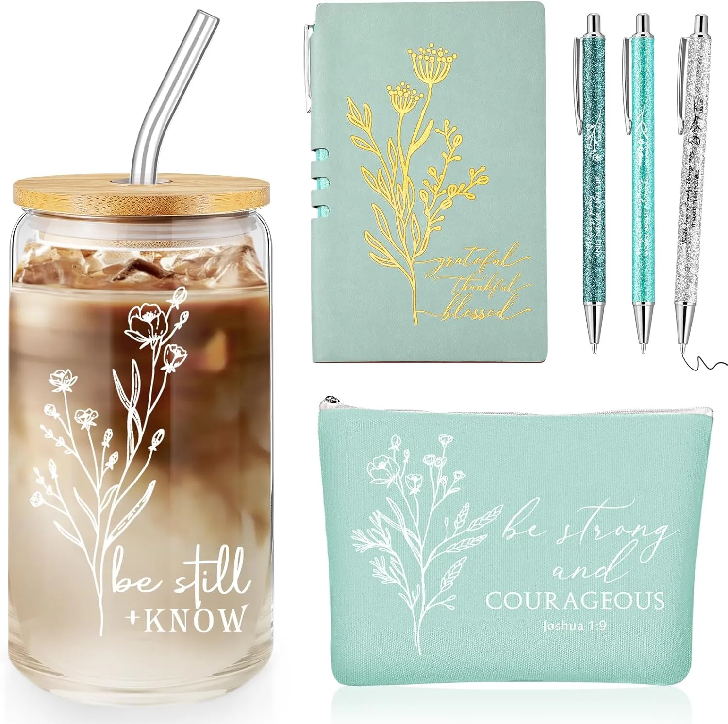6 Pcs Christian Gift for Women Faith Be Still and Know 16 oz Tumbler Aesthetic Cup A6 Leather Religious Journal Ballpoint Pen Makeup Bag for Sunday School Godmother