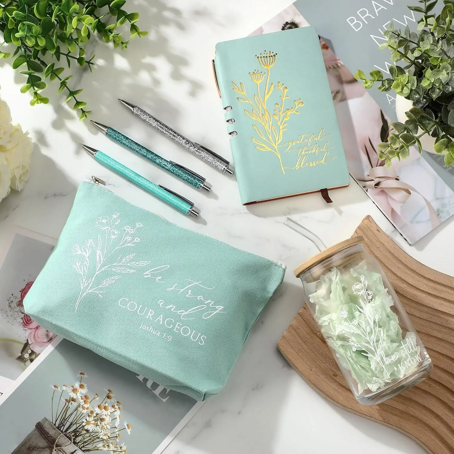 6 Pcs Christian Gift for Women Faith Be Still and Know 16 oz Tumbler Aesthetic Cup A6 Leather Religious Journal Ballpoint Pen Makeup Bag for Sunday School Godmother