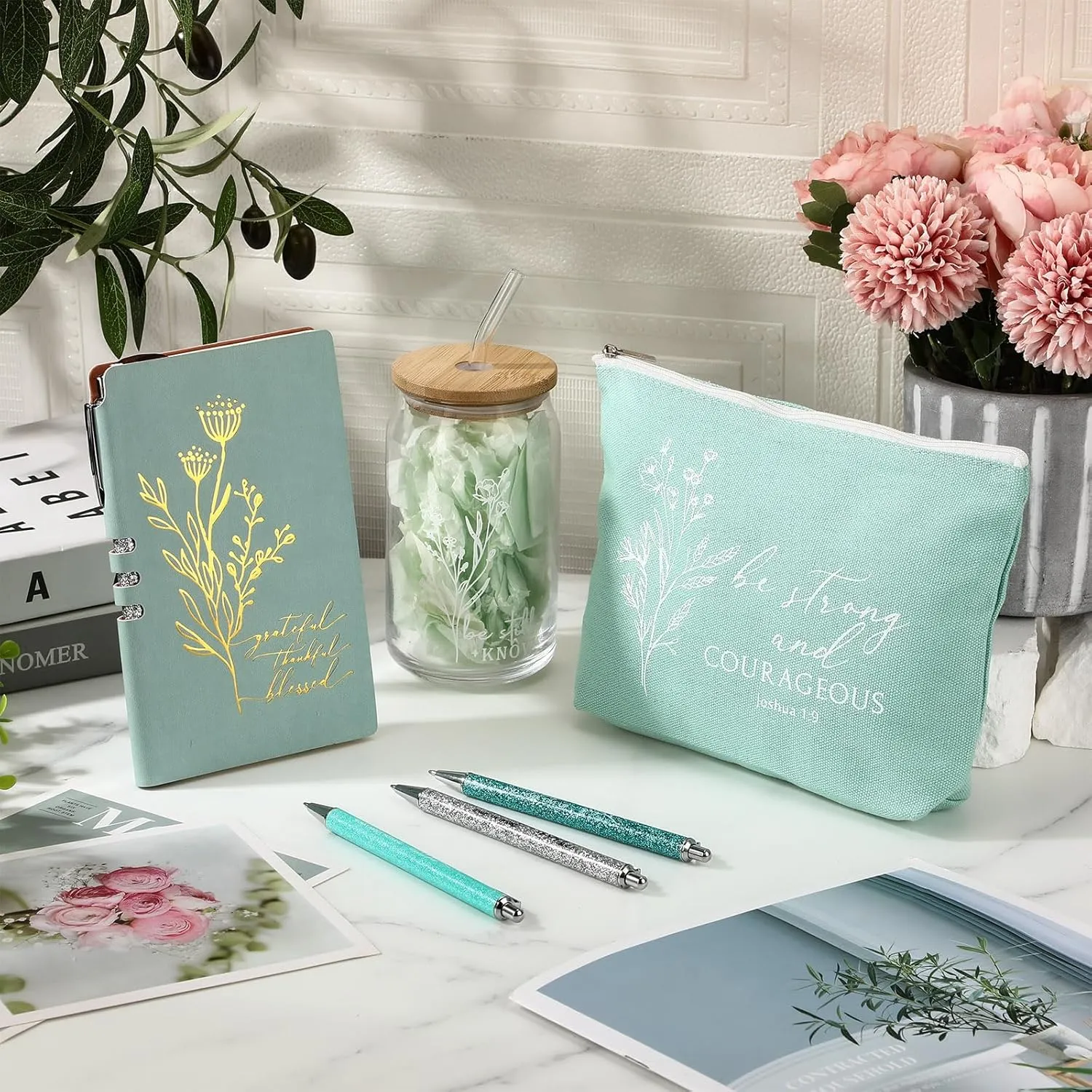 6 Pcs Christian Gift for Women Faith Be Still and Know 16 oz Tumbler Aesthetic Cup A6 Leather Religious Journal Ballpoint Pen Makeup Bag for Sunday School Godmother