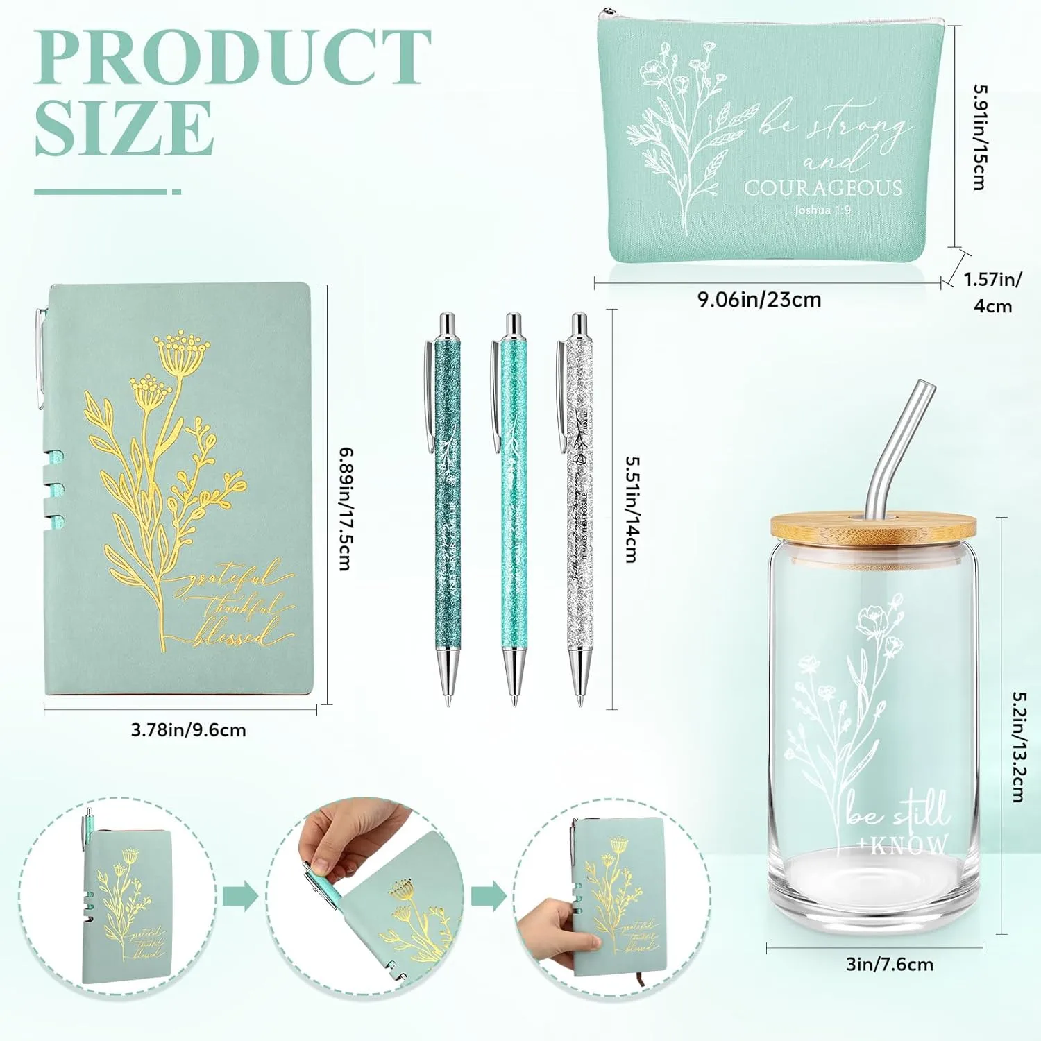 6 Pcs Christian Gift for Women Faith Be Still and Know 16 oz Tumbler Aesthetic Cup A6 Leather Religious Journal Ballpoint Pen Makeup Bag for Sunday School Godmother