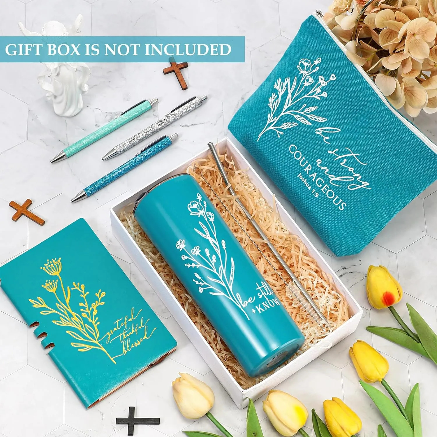 6 Pcs Inspirational Religious Gift 20 oz Aesthetic Christian Tumbler Makeup Bag A6 Leather Journal Ballpoint Pens Graduation Church Sunday School Gift for Women(Lake blue)