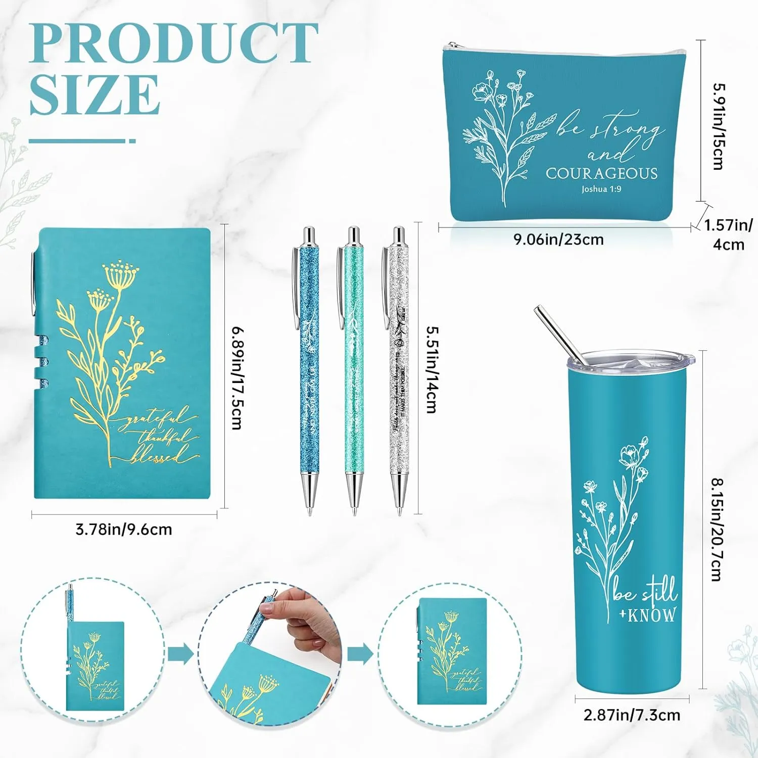 6 Pcs Inspirational Religious Gift 20 oz Aesthetic Christian Tumbler Makeup Bag A6 Leather Journal Ballpoint Pens Graduation Church Sunday School Gift for Women(Lake blue)