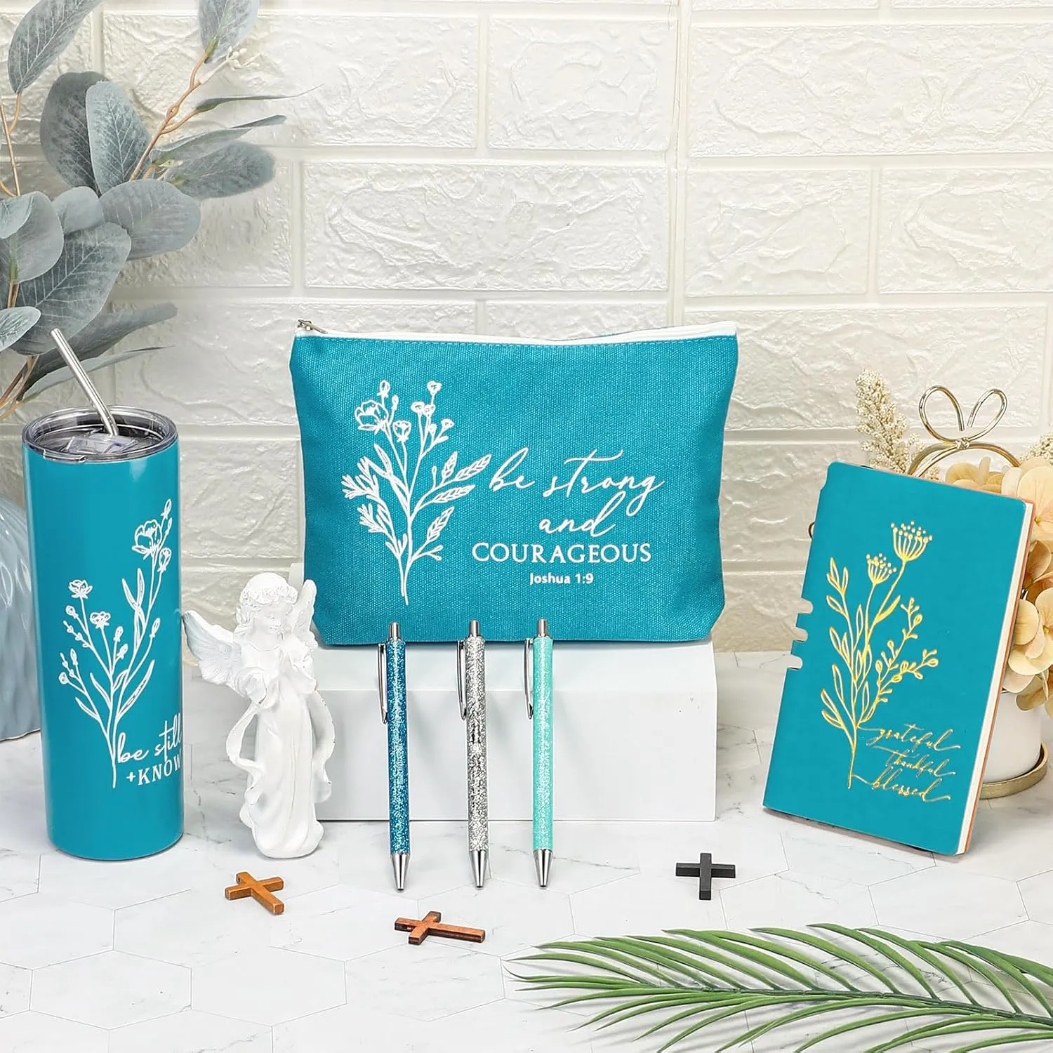 6 Pcs Inspirational Religious Gift 20 oz Aesthetic Christian Tumbler Makeup Bag A6 Leather Journal Ballpoint Pens Graduation Church Sunday School Gift for Women(Lake blue)