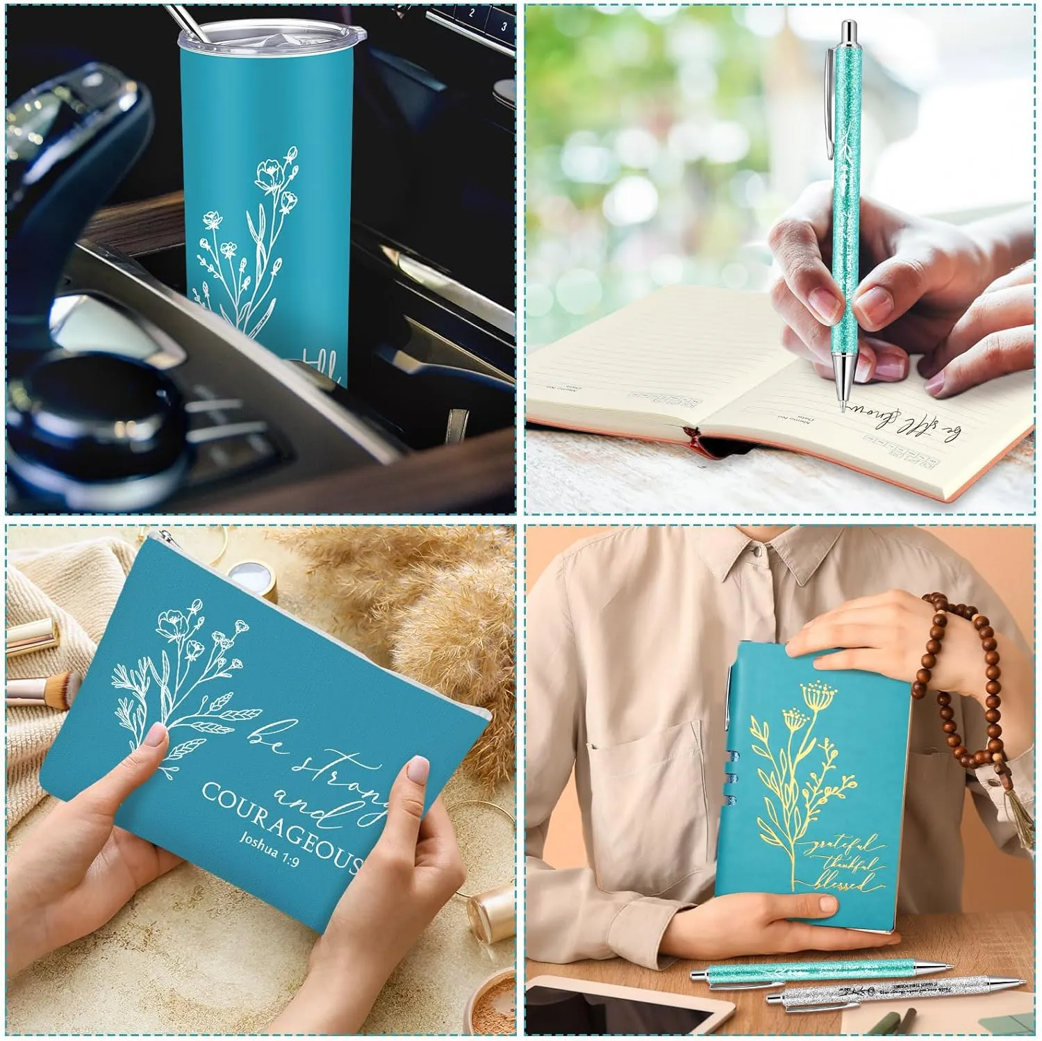 6 Pcs Inspirational Religious Gift 20 oz Aesthetic Christian Tumbler Makeup Bag A6 Leather Journal Ballpoint Pens Graduation Church Sunday School Gift for Women(Lake blue)