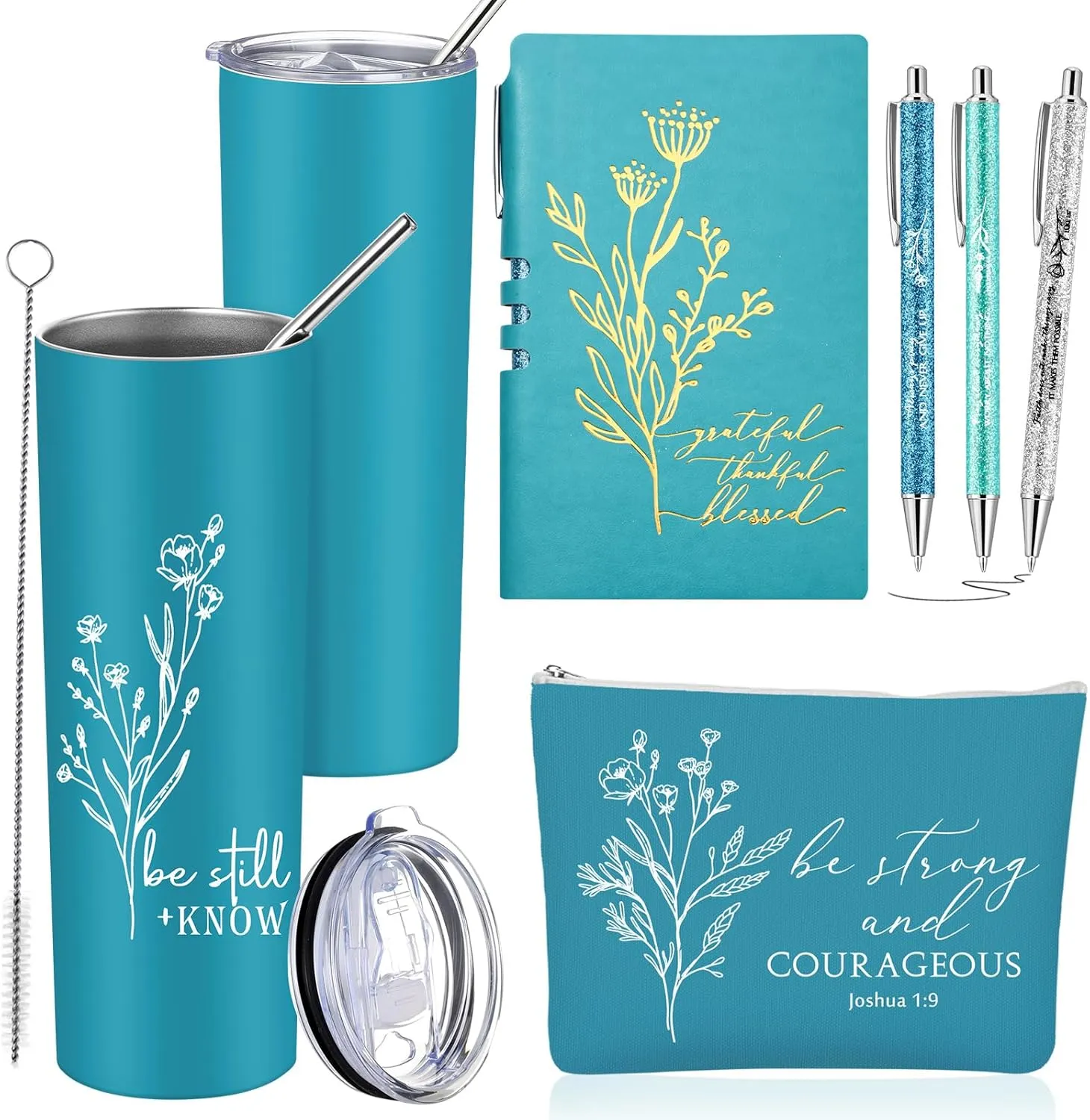 6 Pcs Inspirational Religious Gift 20 oz Aesthetic Christian Tumbler Makeup Bag A6 Leather Journal Ballpoint Pens Graduation Church Sunday School Gift for Women(Lake blue)