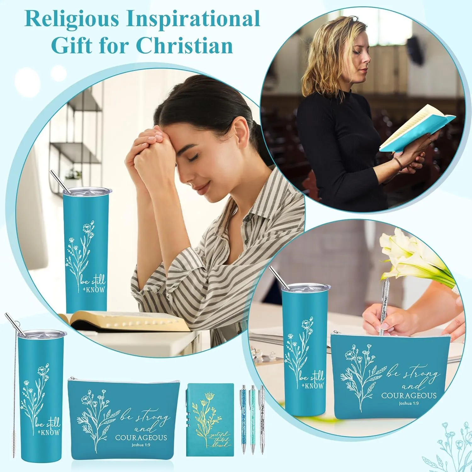 6 Pcs Inspirational Religious Gift 20 oz Aesthetic Christian Tumbler Makeup Bag A6 Leather Journal Ballpoint Pens Graduation Church Sunday School Gift for Women(Lake blue)