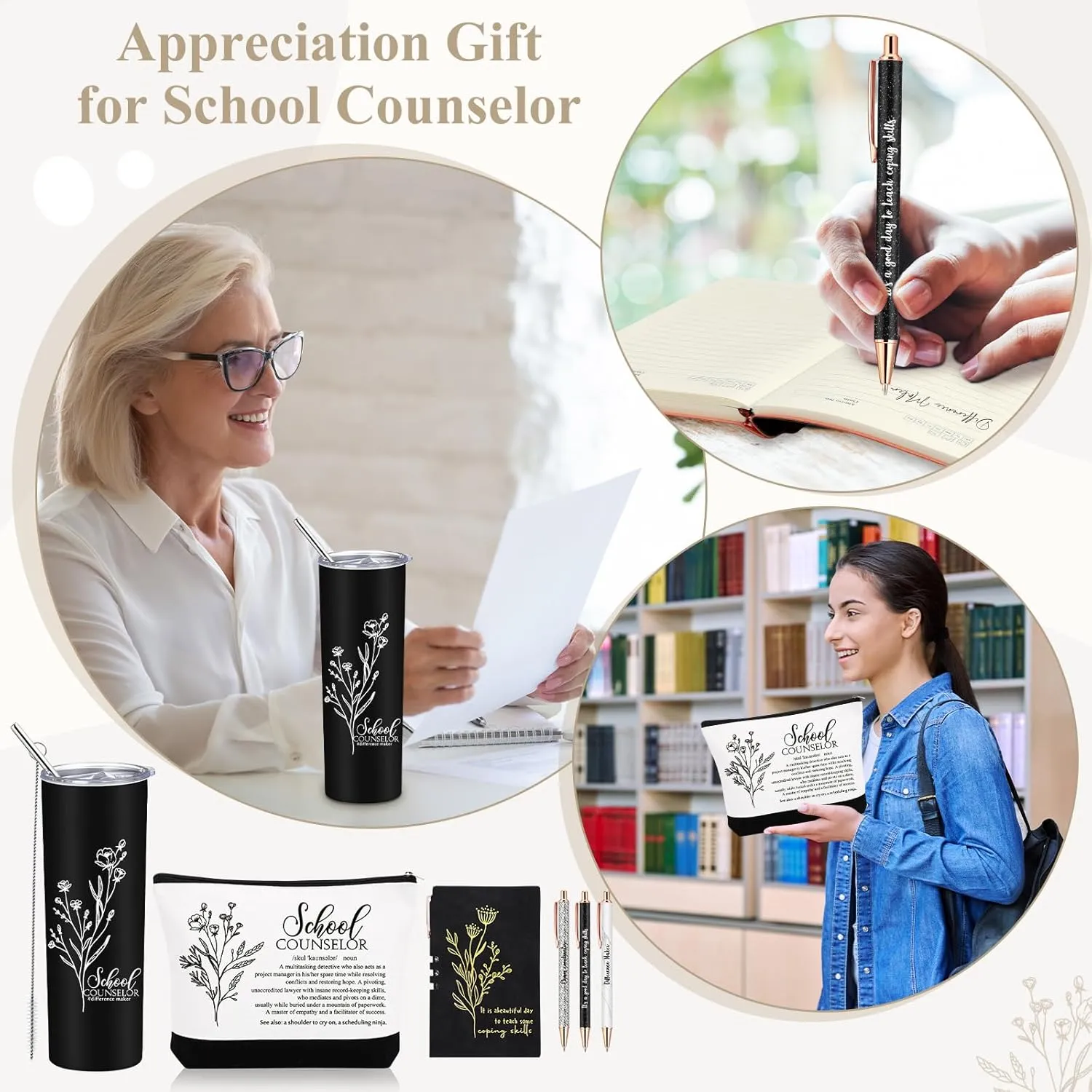 6 Pcs School Counselor Appreciation Gift Set for Women Thank You Gifts 20 oz Boho Flower Tumbler Makeup Bag Journal Ballpoint High School Teacher Educator Work(Black, Counselor)