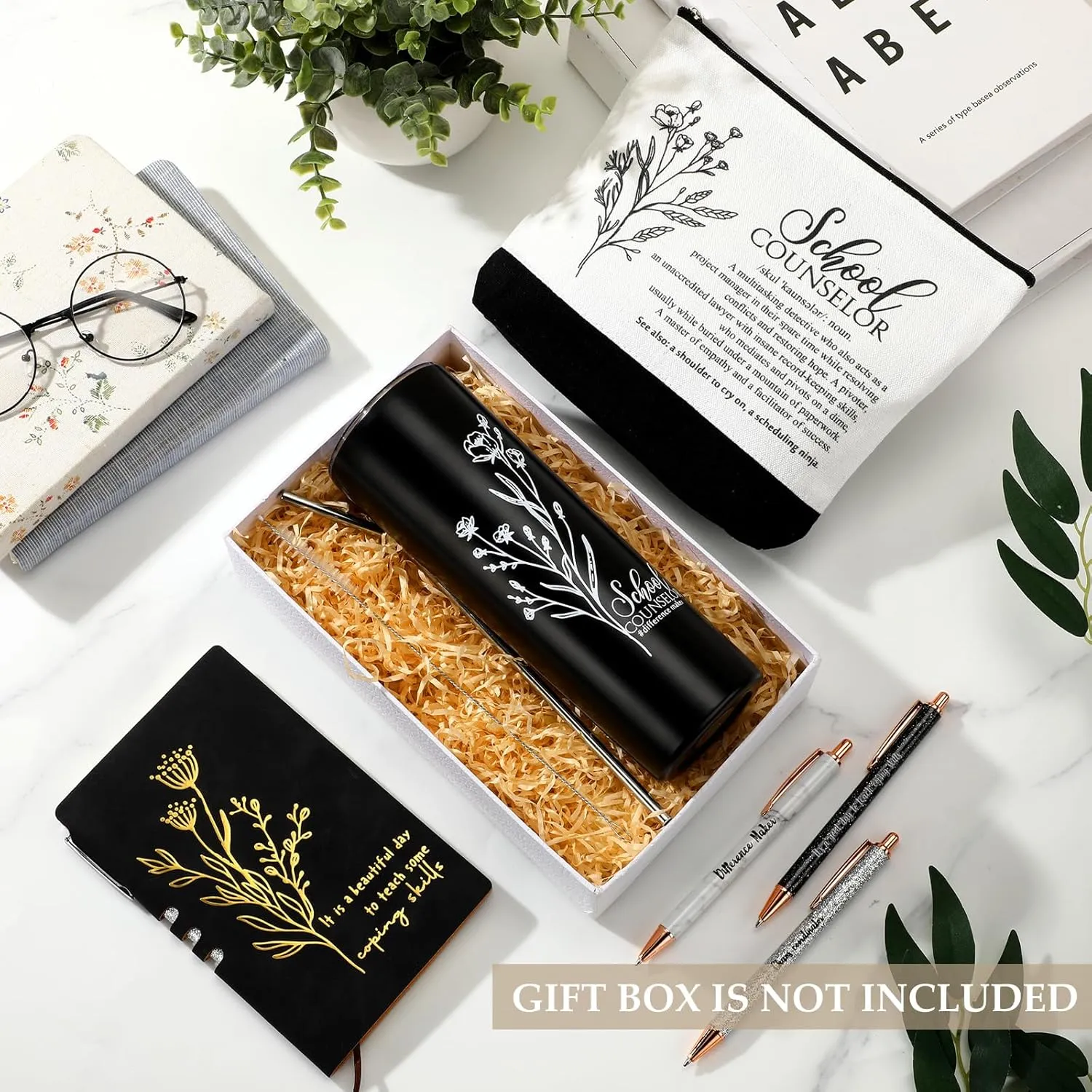 6 Pcs School Counselor Appreciation Gift Set for Women Thank You Gifts 20 oz Boho Flower Tumbler Makeup Bag Journal Ballpoint High School Teacher Educator Work(Black, Counselor)