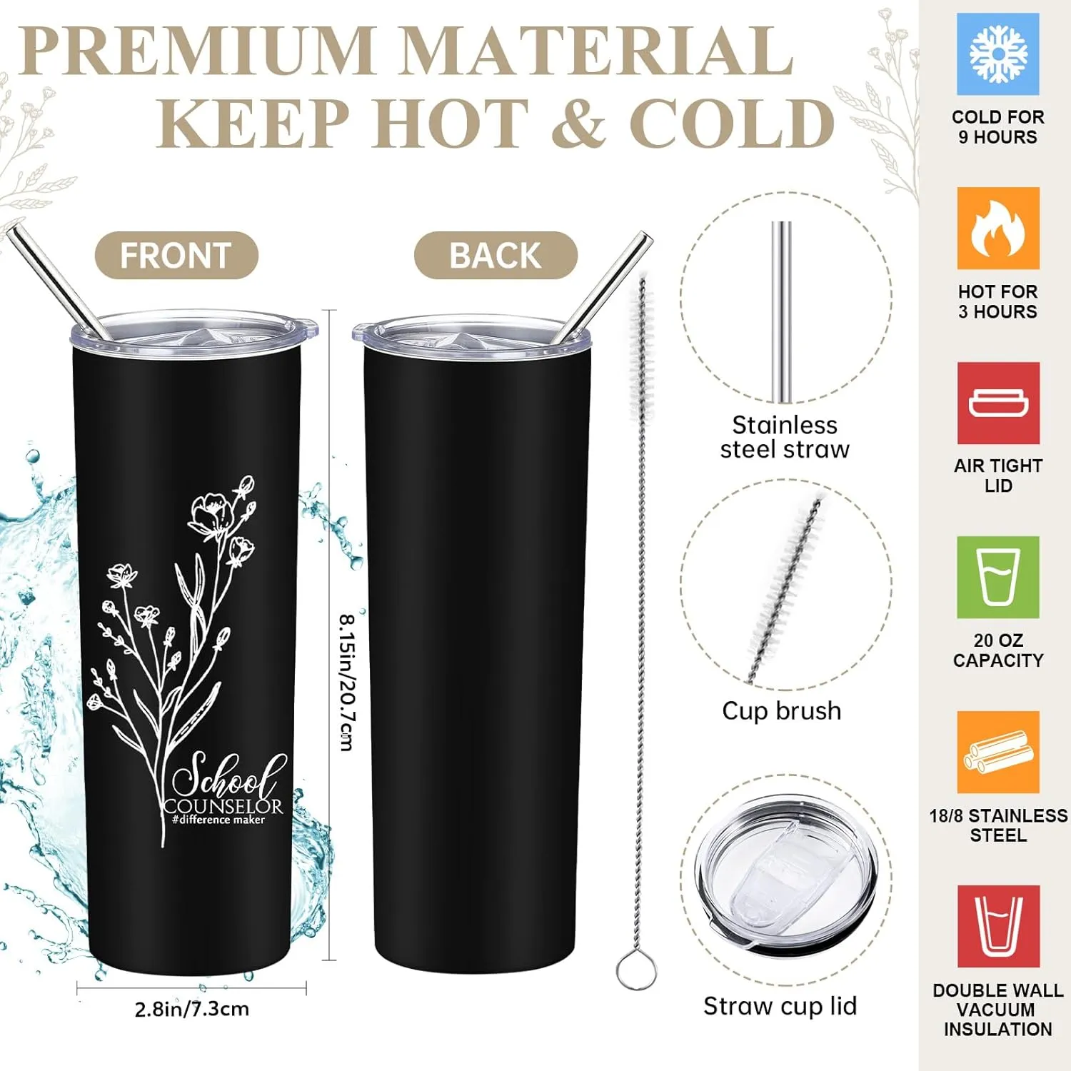 6 Pcs School Counselor Appreciation Gift Set for Women Thank You Gifts 20 oz Boho Flower Tumbler Makeup Bag Journal Ballpoint High School Teacher Educator Work(Black, Counselor)