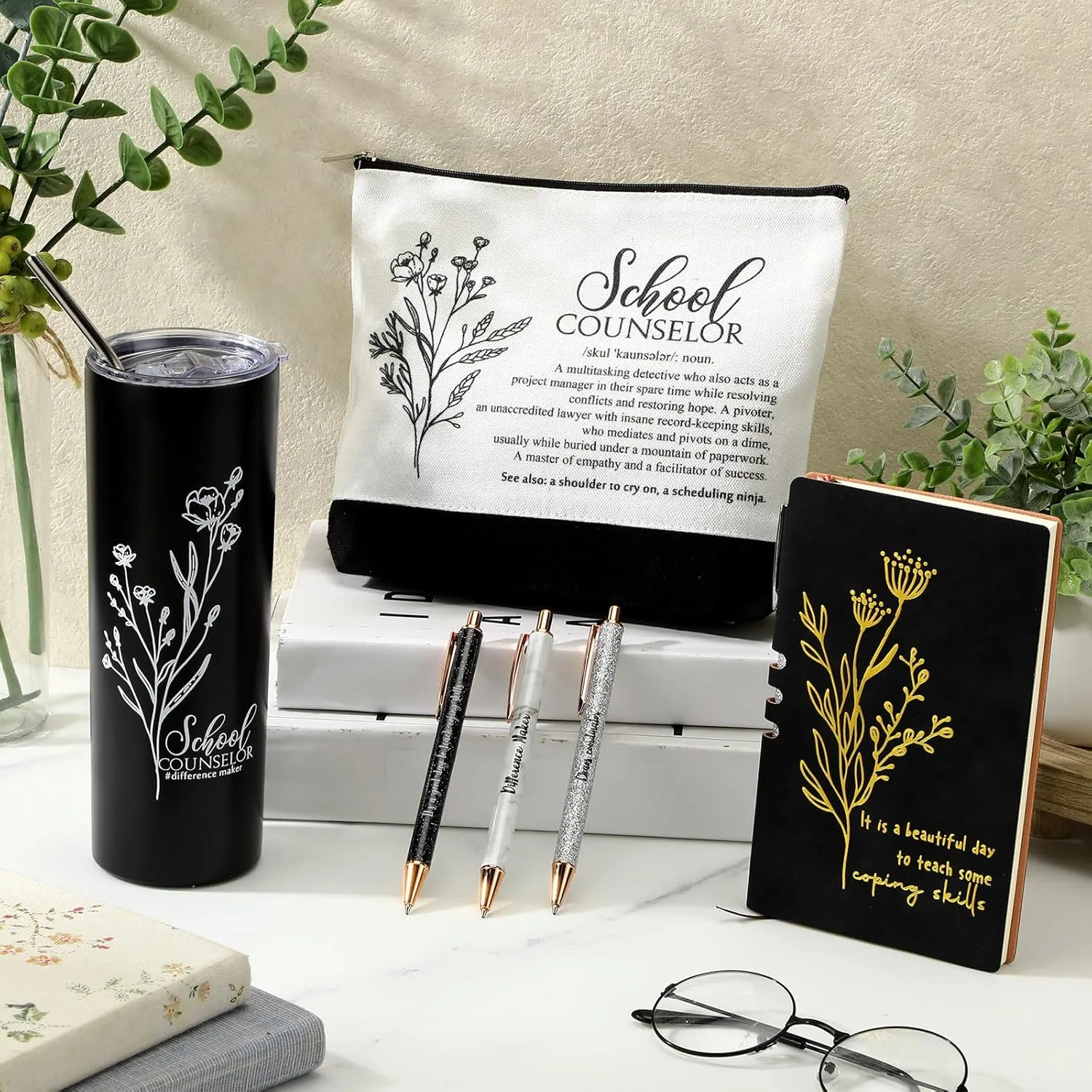 6 Pcs School Counselor Appreciation Gift Set for Women Thank You Gifts 20 oz Boho Flower Tumbler Makeup Bag Journal Ballpoint High School Teacher Educator Work(Black, Counselor)