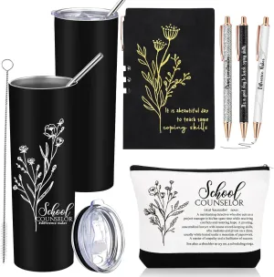 6 Pcs School Counselor Appreciation Gift Set for Women Thank You Gifts 20 oz Boho Flower Tumbler Makeup Bag Journal Ballpoint High School Teacher Educator Work(Black, Counselor)
