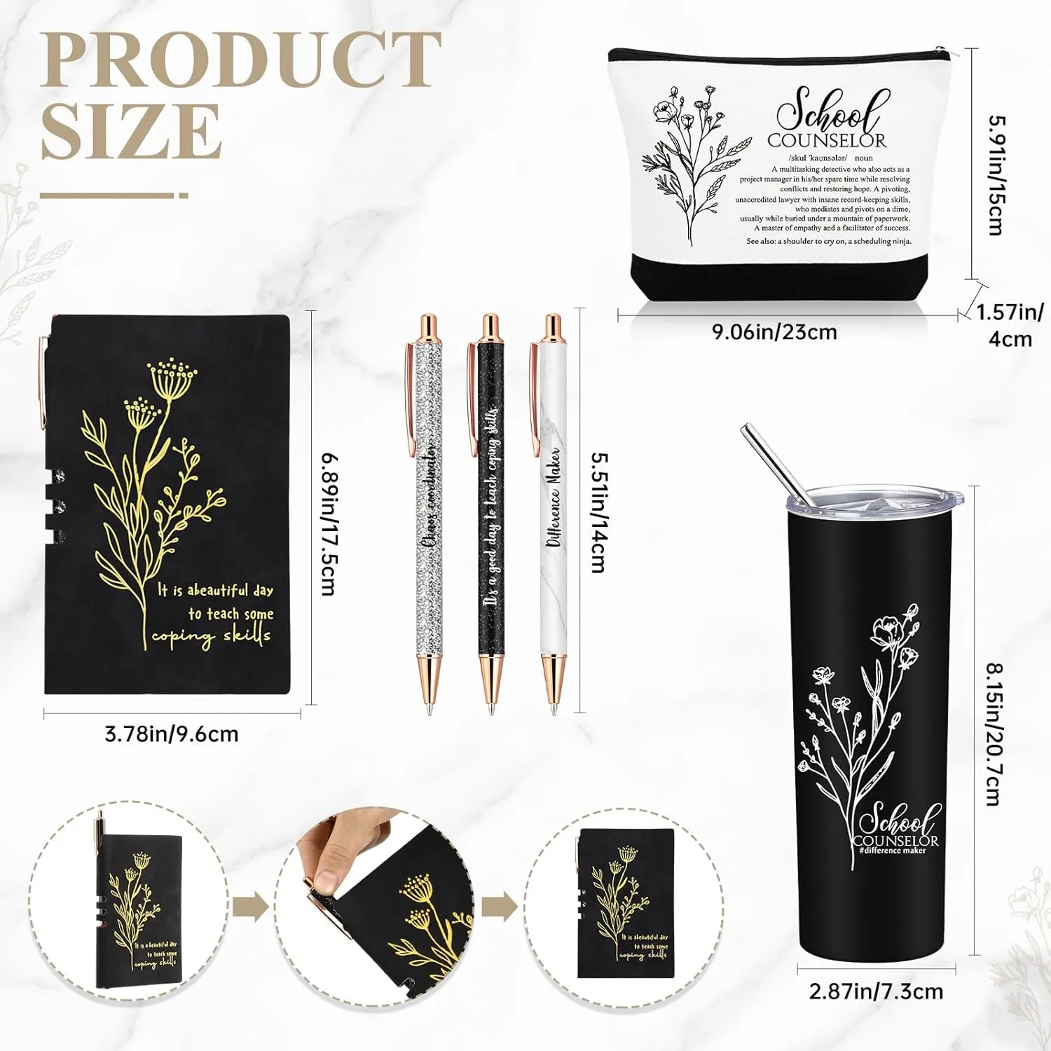 6 Pcs School Counselor Appreciation Gift Set for Women Thank You Gifts 20 oz Boho Flower Tumbler Makeup Bag Journal Ballpoint High School Teacher Educator Work(Black, Counselor)