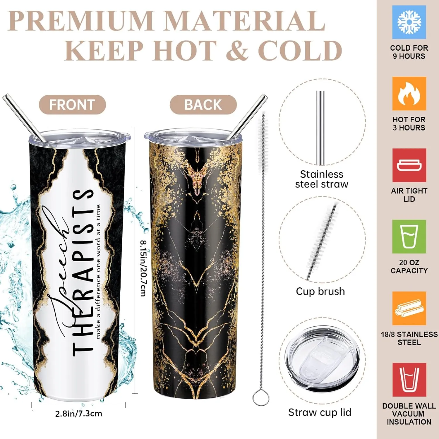 6 Pcs Speech Therapist Gifts SLP Gifts for Speech Language Pathologist 20 oz Tumbler Makeup Bag A6 Notebook Ballpoint Pen SLP Graduation Gift Appreciation Gift for Teacher Therapist (Black)