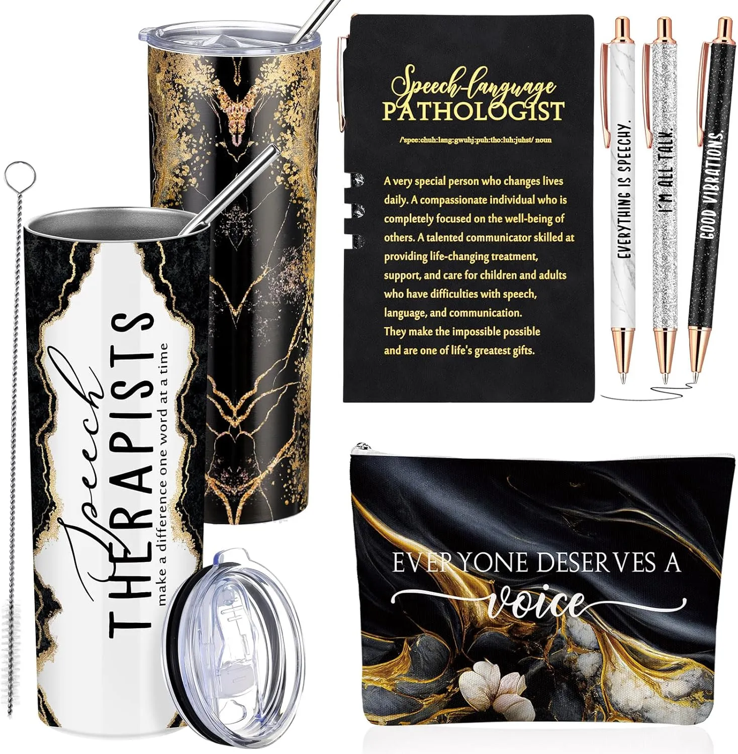 6 Pcs Speech Therapist Gifts SLP Gifts for Speech Language Pathologist 20 oz Tumbler Makeup Bag A6 Notebook Ballpoint Pen SLP Graduation Gift Appreciation Gift for Teacher Therapist (Black)