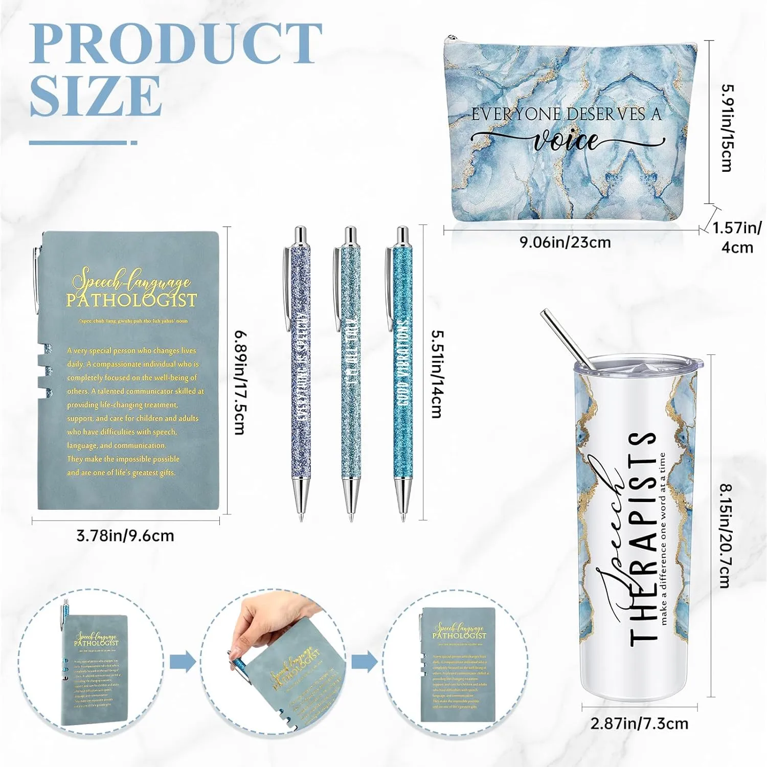6 Pcs Speech Therapist Gifts SLP Gifts for Speech Language Pathologist 20 oz Tumbler Makeup Bag A6 Notebook Ballpoint Pen SLP Graduation Gift Appreciation Gift for Teacher Therapist (Blue)