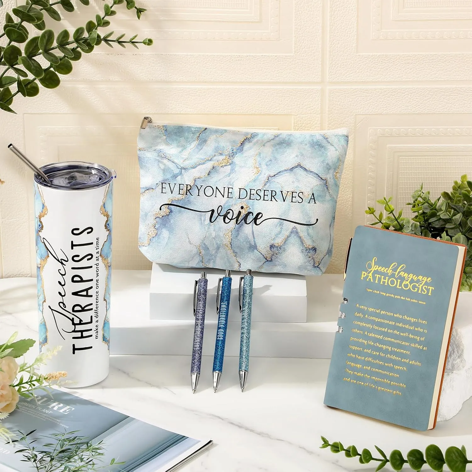 6 Pcs Speech Therapist Gifts SLP Gifts for Speech Language Pathologist 20 oz Tumbler Makeup Bag A6 Notebook Ballpoint Pen SLP Graduation Gift Appreciation Gift for Teacher Therapist (Blue)