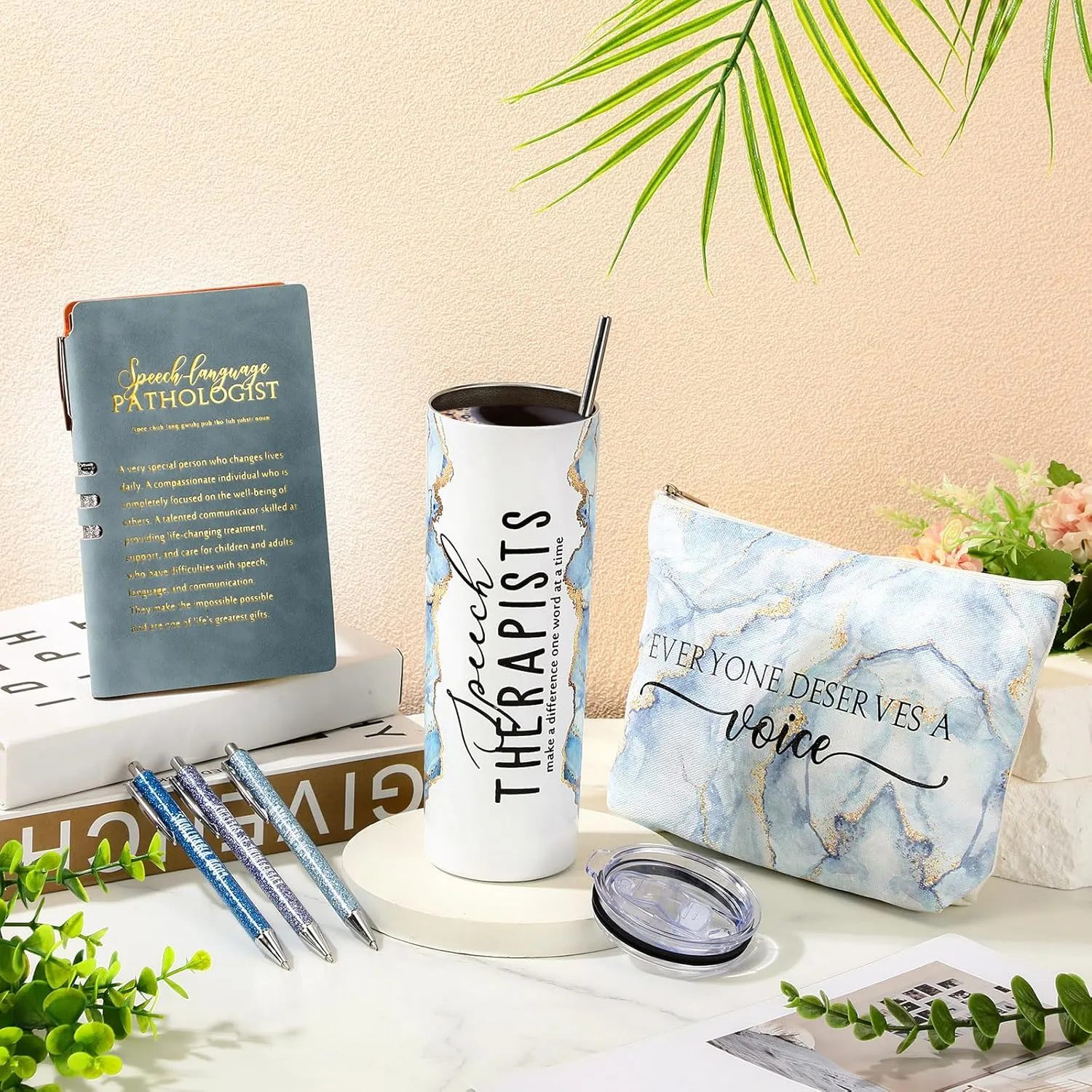 6 Pcs Speech Therapist Gifts SLP Gifts for Speech Language Pathologist 20 oz Tumbler Makeup Bag A6 Notebook Ballpoint Pen SLP Graduation Gift Appreciation Gift for Teacher Therapist (Blue)
