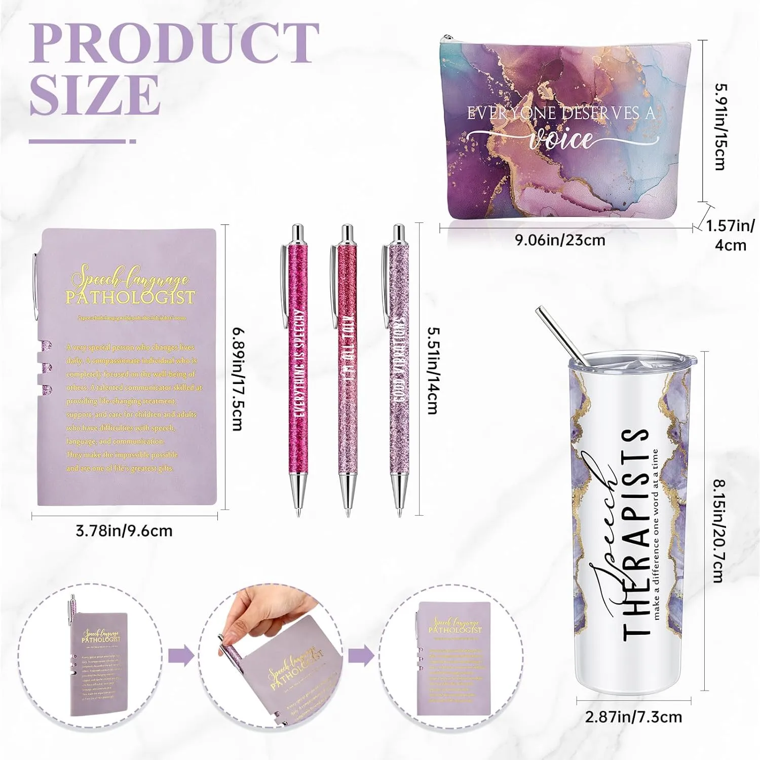6 Pcs Speech Therapist Gifts SLP Gifts for Speech Language Pathologist 20 oz Tumbler Makeup Bag A6 Notebook Ballpoint Pen SLP Graduation Gift Appreciation Gift for Teacher Therapist (Purple)