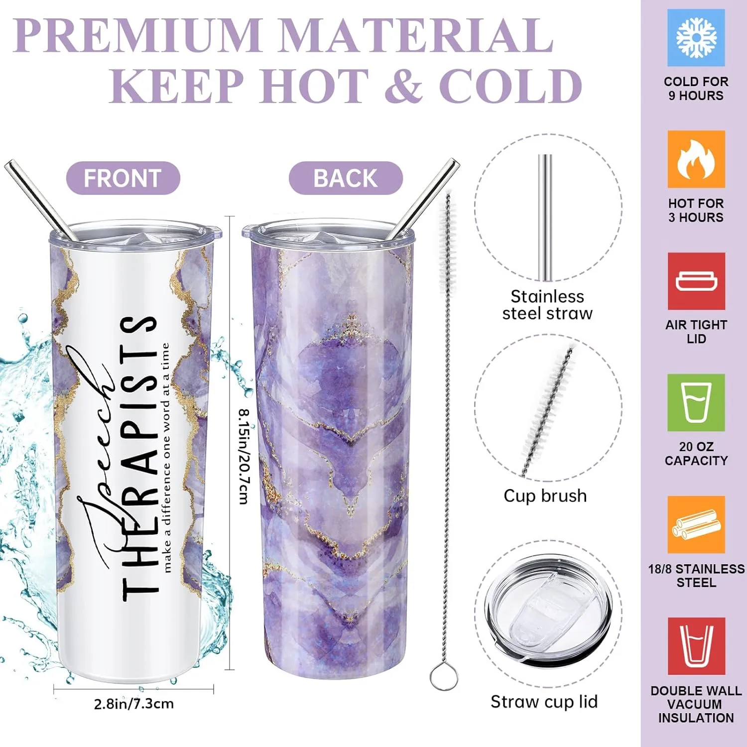 6 Pcs Speech Therapist Gifts SLP Gifts for Speech Language Pathologist 20 oz Tumbler Makeup Bag A6 Notebook Ballpoint Pen SLP Graduation Gift Appreciation Gift for Teacher Therapist (Purple)