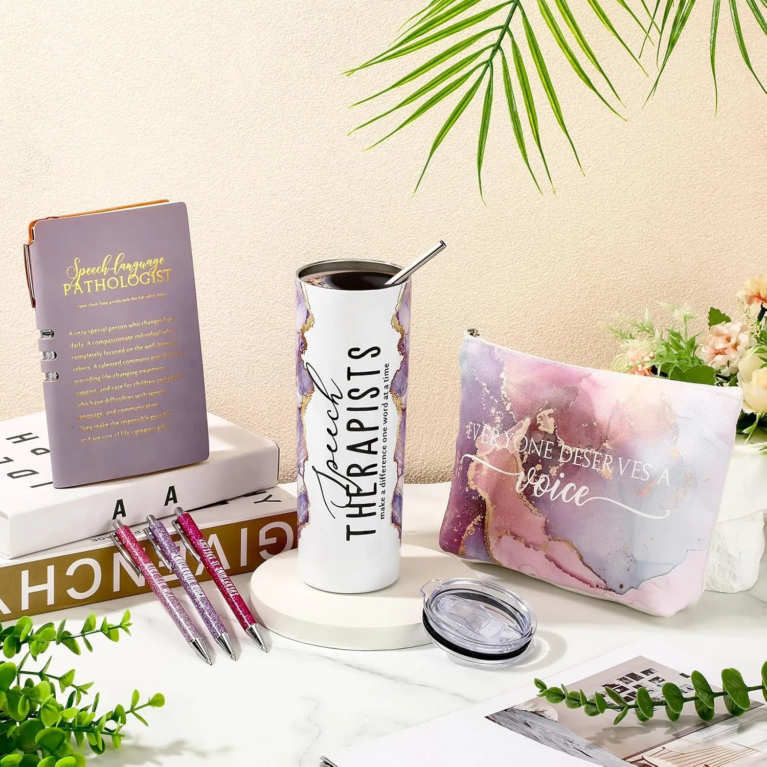 6 Pcs Speech Therapist Gifts SLP Gifts for Speech Language Pathologist 20 oz Tumbler Makeup Bag A6 Notebook Ballpoint Pen SLP Graduation Gift Appreciation Gift for Teacher Therapist (Purple)