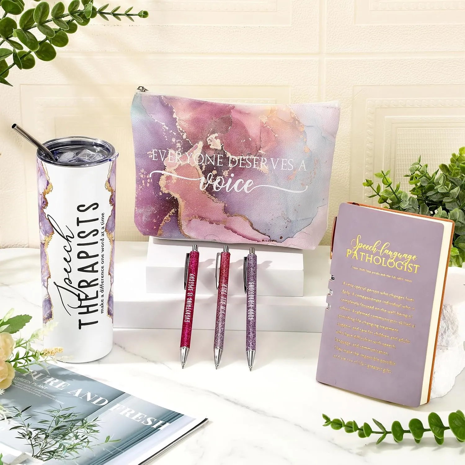 6 Pcs Speech Therapist Gifts SLP Gifts for Speech Language Pathologist 20 oz Tumbler Makeup Bag A6 Notebook Ballpoint Pen SLP Graduation Gift Appreciation Gift for Teacher Therapist (Purple)