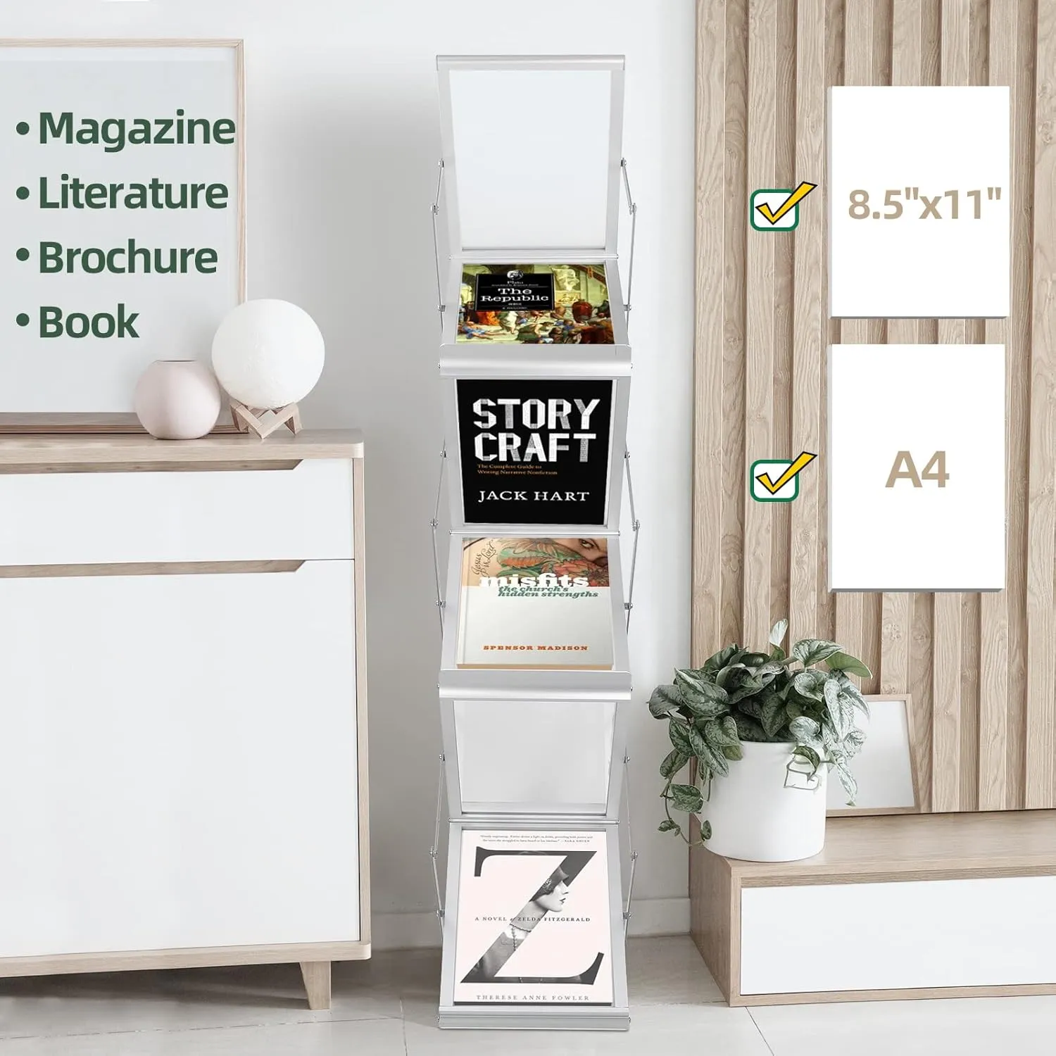 6 Pockets Collapsible Literature Rack for Trade Shows, Metal Floor Standing Literature Stand Catalog Rack Brochure Rack Flyer Holder Pamphlet Holder with Carry Case
