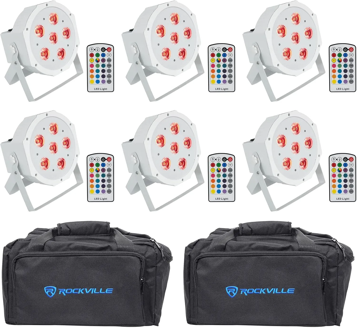 (6) Rockville Battery PAR 6RF White RGBWA Wireless DMX LED Wash Light RF Remote Bundle with (2) Rockville RLB80 Universal Travel Bag