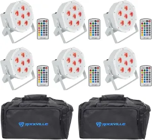(6) Rockville Battery PAR 6RF White RGBWA Wireless DMX LED Wash Light RF Remote Bundle with (2) Rockville RLB80 Universal Travel Bag