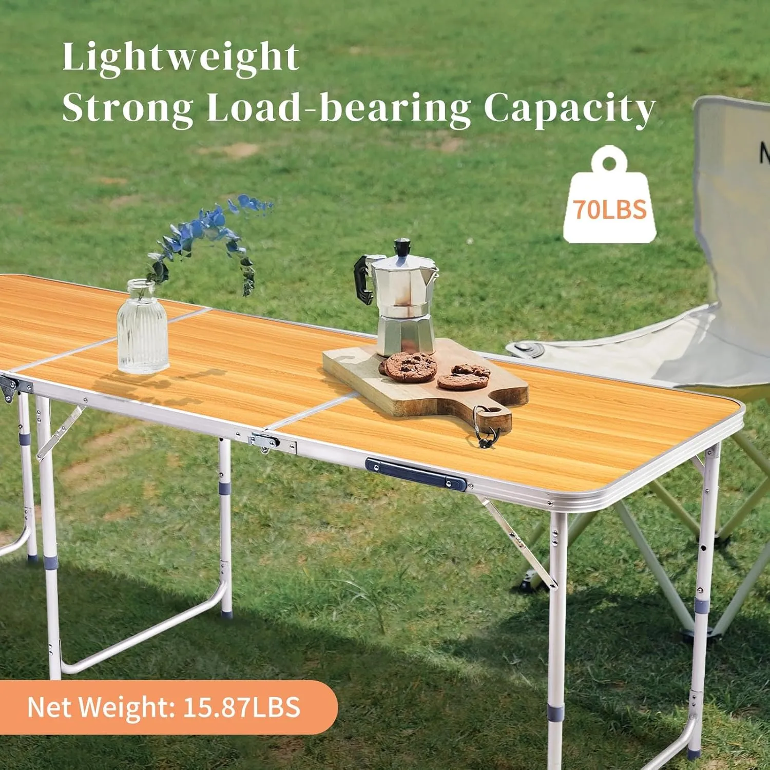 6Ft Outdoor Folding Table Sturdy Aluminum Camping Table w/Fiberboard Top, 3 Adjustable Height 71" L x 23.8" W Tabletop, Compact Foldable Design, Easy Clean Surface for Indoor/Outdoor Use, Load 88 LBS