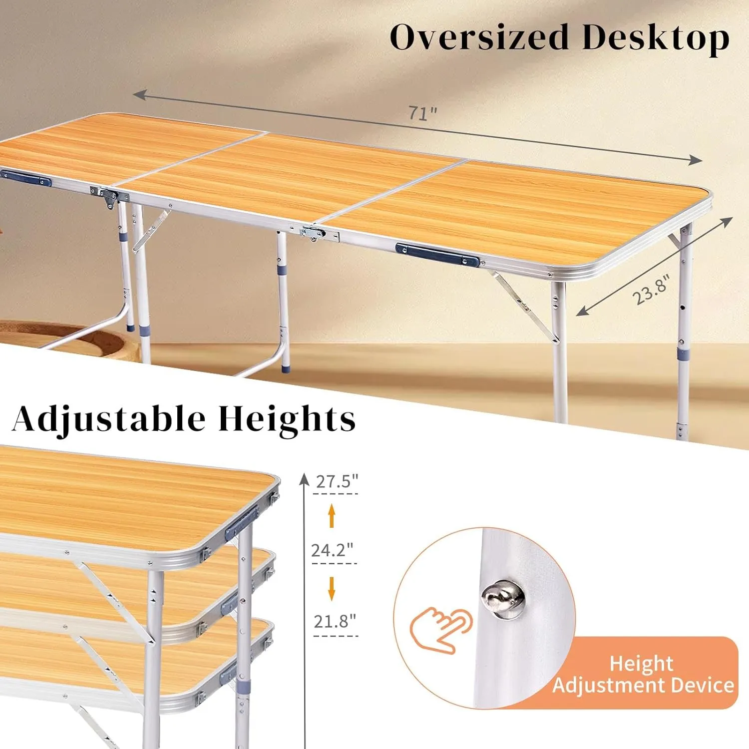 6Ft Outdoor Folding Table Sturdy Aluminum Camping Table w/Fiberboard Top, 3 Adjustable Height 71" L x 23.8" W Tabletop, Compact Foldable Design, Easy Clean Surface for Indoor/Outdoor Use, Load 88 LBS