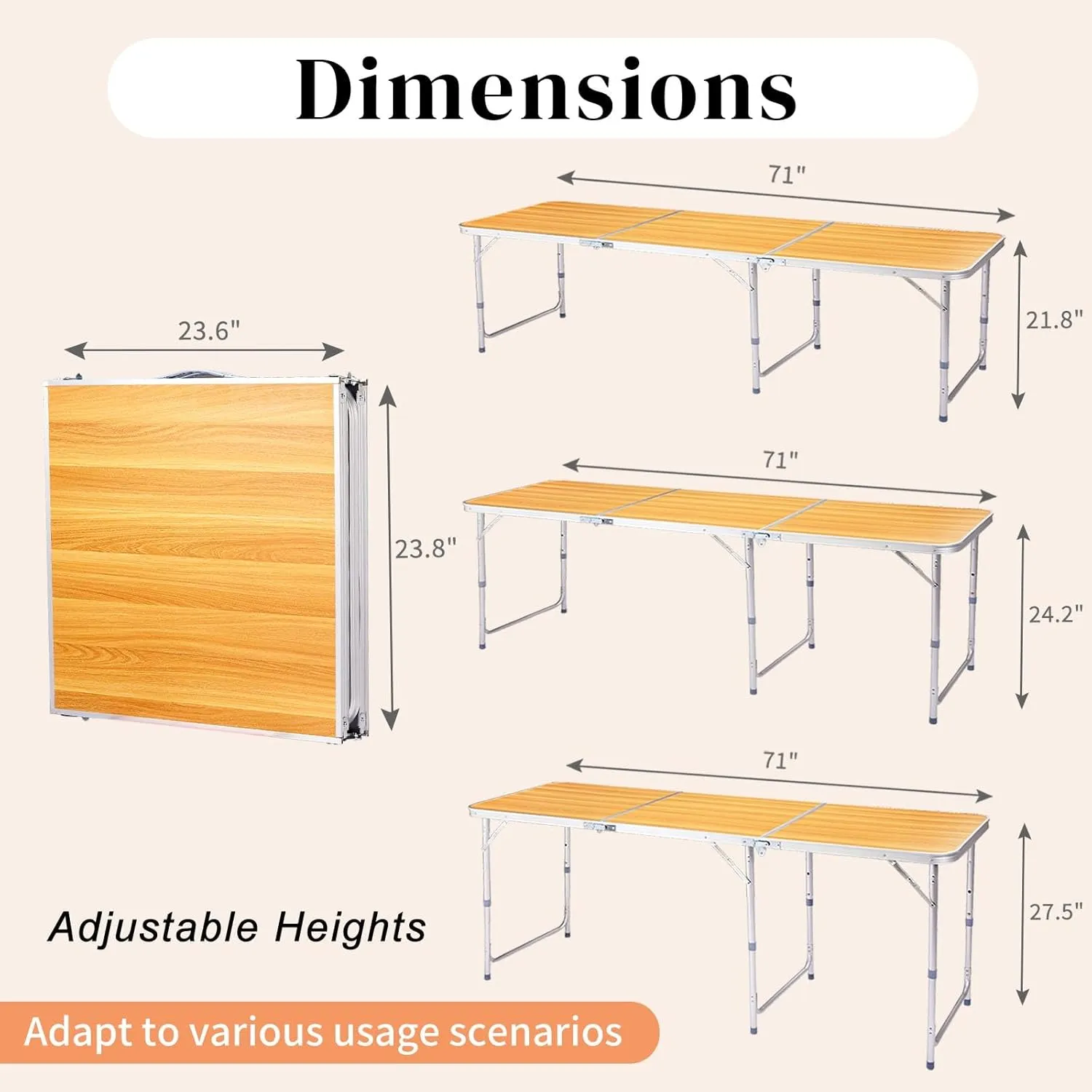 6Ft Outdoor Folding Table Sturdy Aluminum Camping Table w/Fiberboard Top, 3 Adjustable Height 71" L x 23.8" W Tabletop, Compact Foldable Design, Easy Clean Surface for Indoor/Outdoor Use, Load 88 LBS
