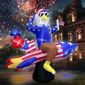 6ft Patriotic Independence Day 4th of July Inflatable American Eagle on Rocket with Stars LED Lighted Blow Up Decor Home Yard Outdoor Indoor Decoration