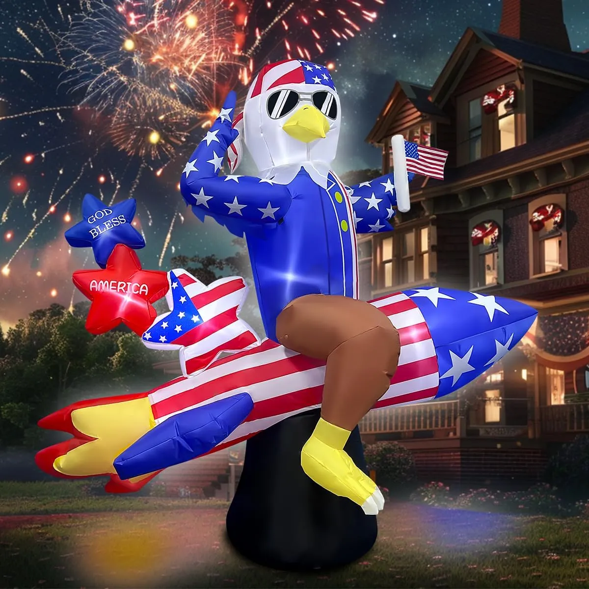 6ft Patriotic Independence Day 4th of July Inflatable American Eagle on Rocket with Stars LED Lighted Blow Up Decor Home Yard Outdoor Indoor Decoration