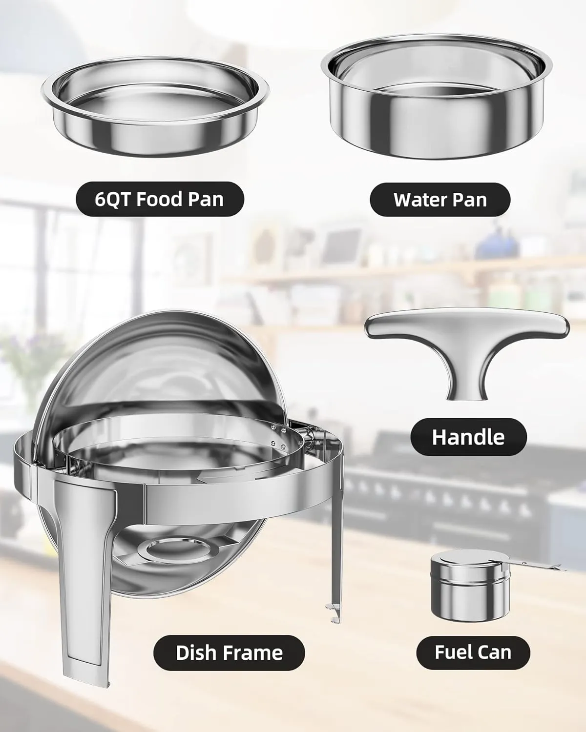 6QT Roll Top Chafing Dish Buffet Set, Food-Grade Stainless Steel Commercial Chafer for Catering, Parties, and Weddings, Round
