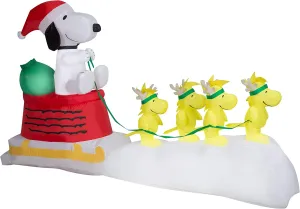 8.5' Gemmy Airblown Inflatable Peanuts Snoopy in Dog Bowl Sleigh w/ Woodstock Scene Yard Decoration 111934