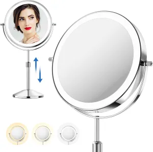 8.7in Professional Lighted Makeup Mirror- Height & Brightness Adjustable, Rechargeable 2-sided 1x/10x Magnifying HD Brighter Light Mirror- 88 Surgical-grade LEDs, 3 Colors Lights, 360° Swivel (Chrome)