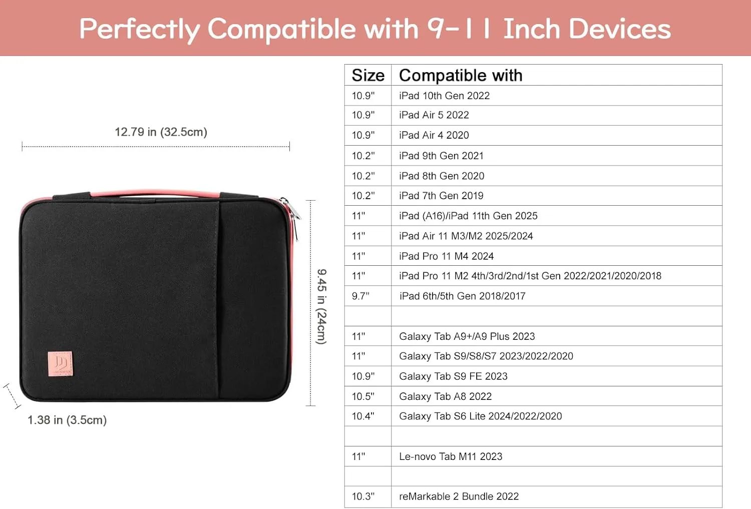 9-11" Tablet Sleeve Organizer Carrying Case with Handle for iPad 10th Gen 10.9", i Pad 9/8/7th Gen 10.2, iPad Air Pro 11", iPad Air 5/4 10.9, Galaxy Tab A9  Plus 11", Black   Pink