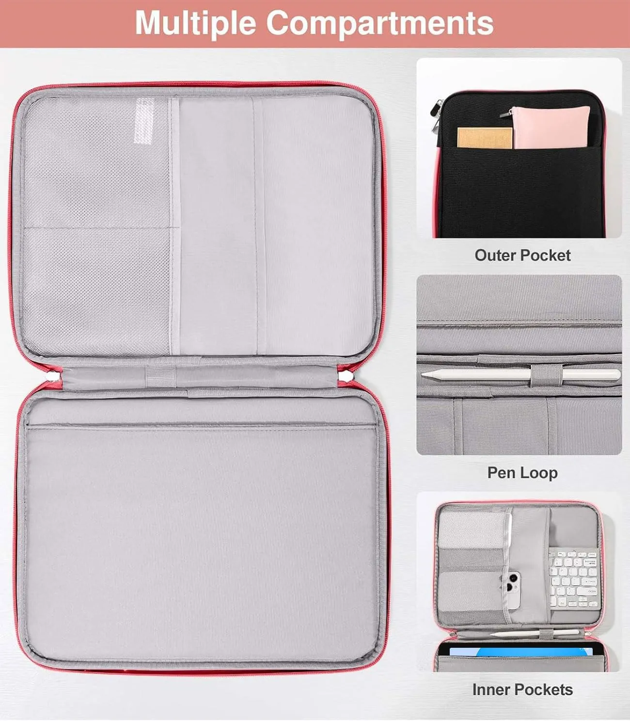 9-11" Tablet Sleeve Organizer Carrying Case with Handle for iPad 10th Gen 10.9", i Pad 9/8/7th Gen 10.2, iPad Air Pro 11", iPad Air 5/4 10.9, Galaxy Tab A9  Plus 11", Black   Pink