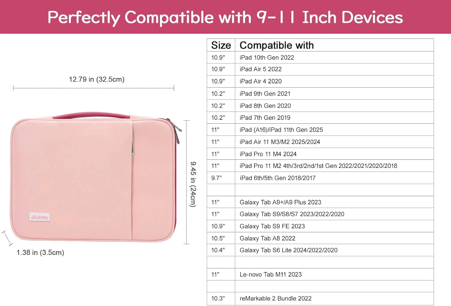 9-11" Tablet Sleeve Organizer Carrying Case with Handle for iPad 10th Gen 10.9", iPad 9/8/7th 10.2, iPad Air 11", iPad Pro 11", iPad Air5/4 10.9, Galaxy Tab A9  Plus 11", Rose Pink Pink