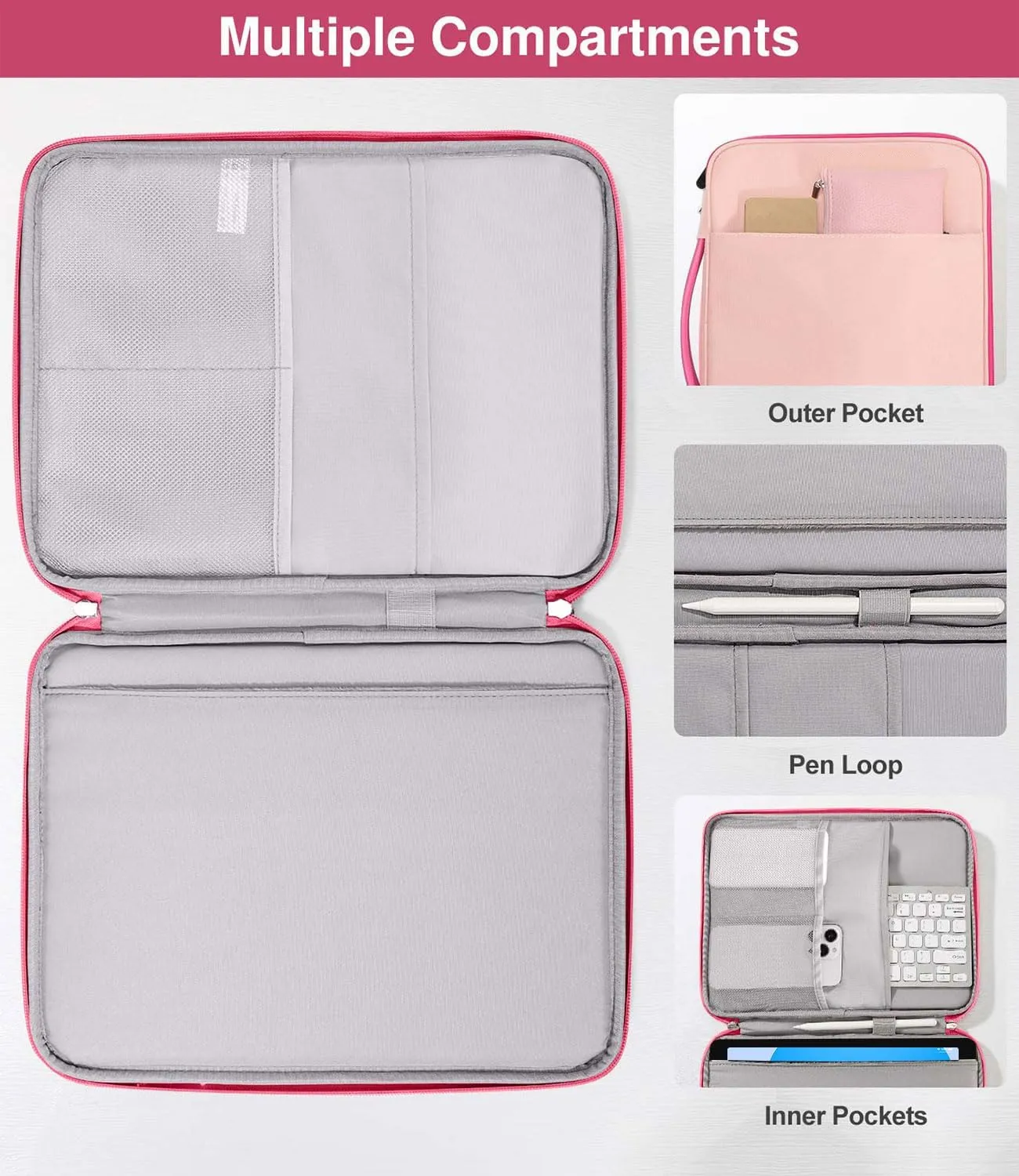 9-11" Tablet Sleeve Organizer Carrying Case with Handle for iPad 10th Gen 10.9", iPad 9/8/7th 10.2, iPad Air 11", iPad Pro 11", iPad Air5/4 10.9, Galaxy Tab A9  Plus 11", Rose Pink Pink