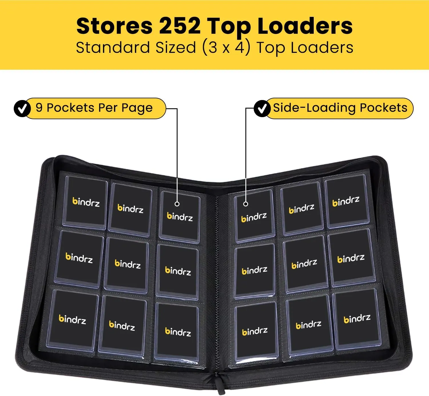 9 Pocket Top Loader Binder - Holds 252 Toploaders - Archival Safe Ringless Zipper Album - Side Loading Pockets for CCG TCG MTG and Sports Cards in Plastic Holders (Black)