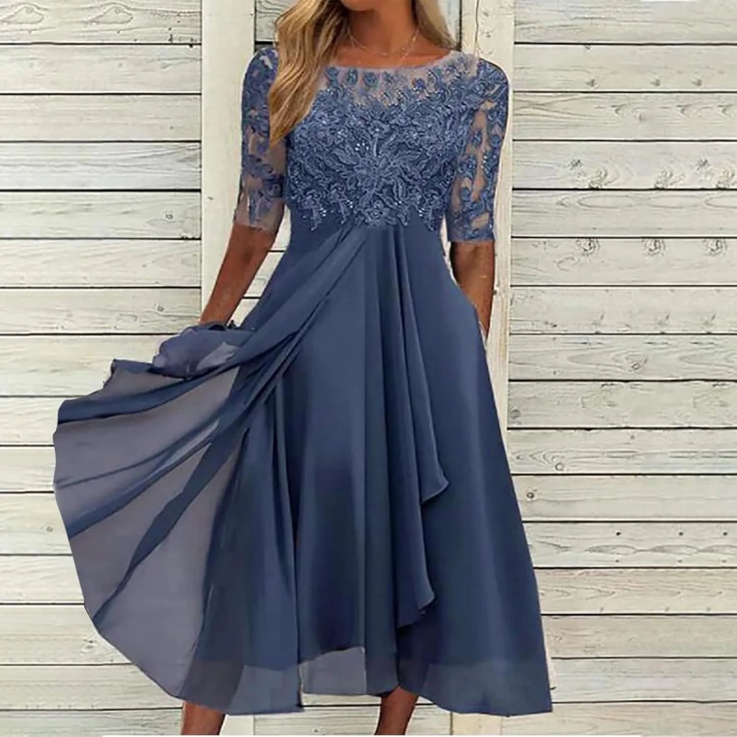 a Line Dresses for Women 2024 Formal Short Sleeve Square Neck Lace Chiffon Party Dresses Elegant Ruffle Swing Dress