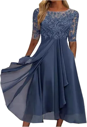 a Line Dresses for Women 2024 Formal Short Sleeve Square Neck Lace Chiffon Party Dresses Elegant Ruffle Swing Dress