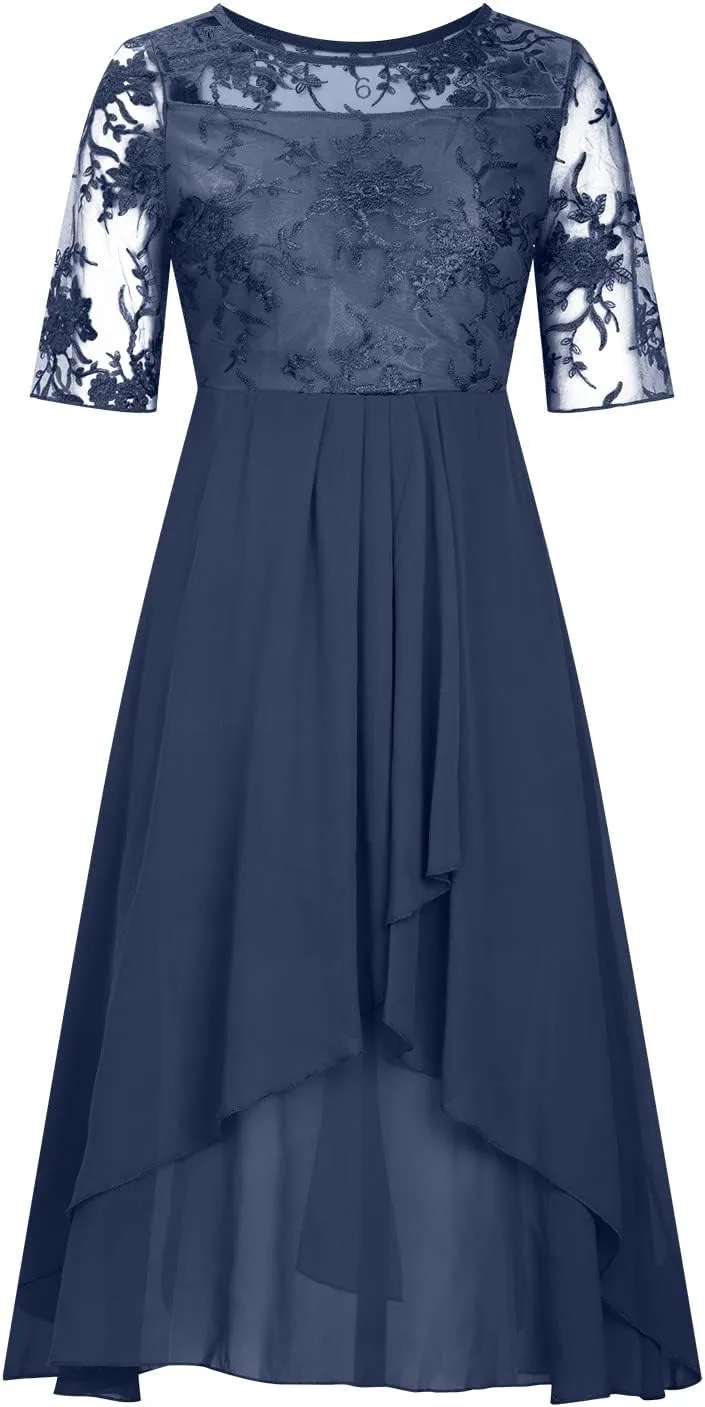 a Line Dresses for Women 2024 Formal Short Sleeve Square Neck Lace Chiffon Party Dresses Elegant Ruffle Swing Dress