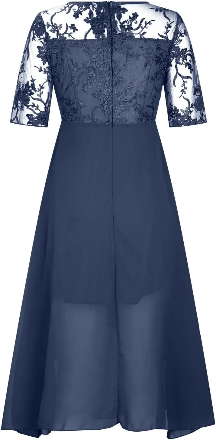 a Line Dresses for Women 2024 Formal Short Sleeve Square Neck Lace Chiffon Party Dresses Elegant Ruffle Swing Dress