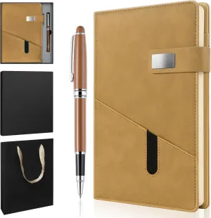 A5 Lined Leather Notebook and Pen Set with Gift Box, 241 Pages Refillable Journal with Pocket and Magnetic Buckle, Hardcover Daily Diary for Men and Women Business Travel Personal Writing- Khaki