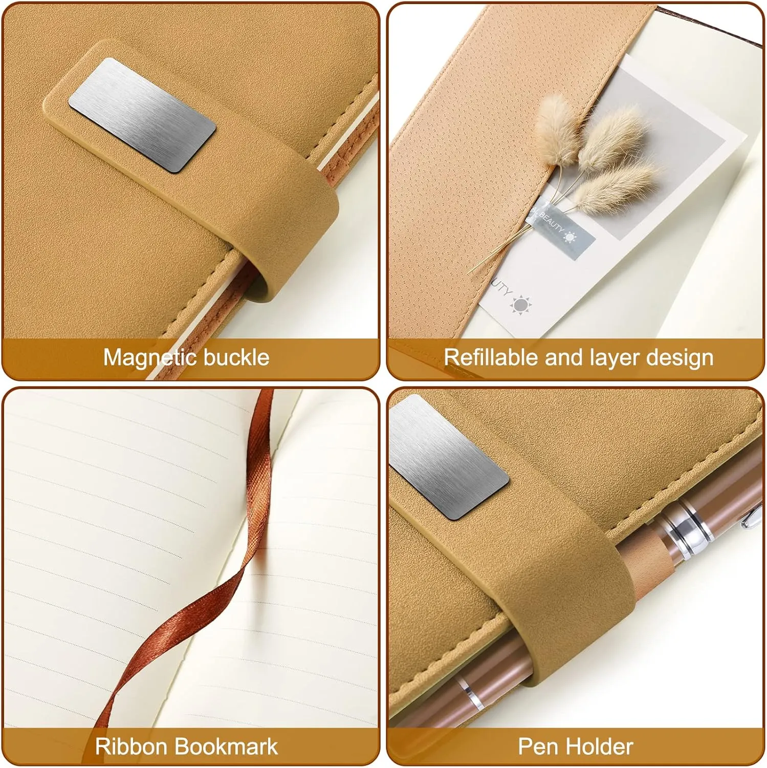 A5 Lined Leather Notebook and Pen Set with Gift Box, 241 Pages Refillable Journal with Pocket and Magnetic Buckle, Hardcover Daily Diary for Men and Women Business Travel Personal Writing- Khaki